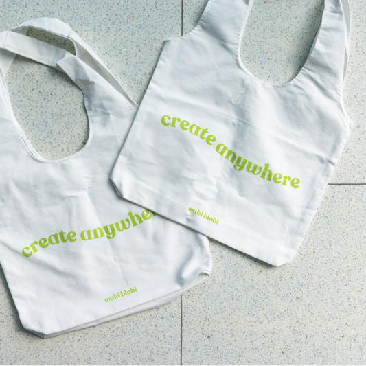 Wabi Blobi Create Anywhere canvas tote bags