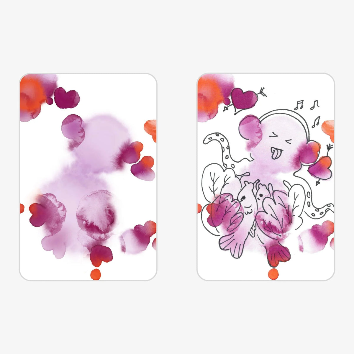 Before and after: a watercolor blob card and the doodle drawn on it