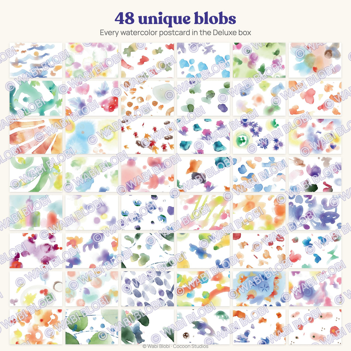 All 48 unique watercolor blob postcards in the Deluxe Edition