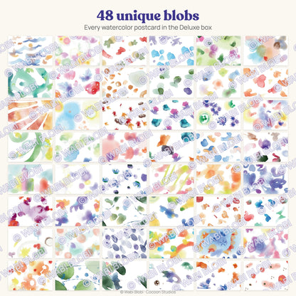 All 48 unique watercolor blob postcards in the Deluxe Edition