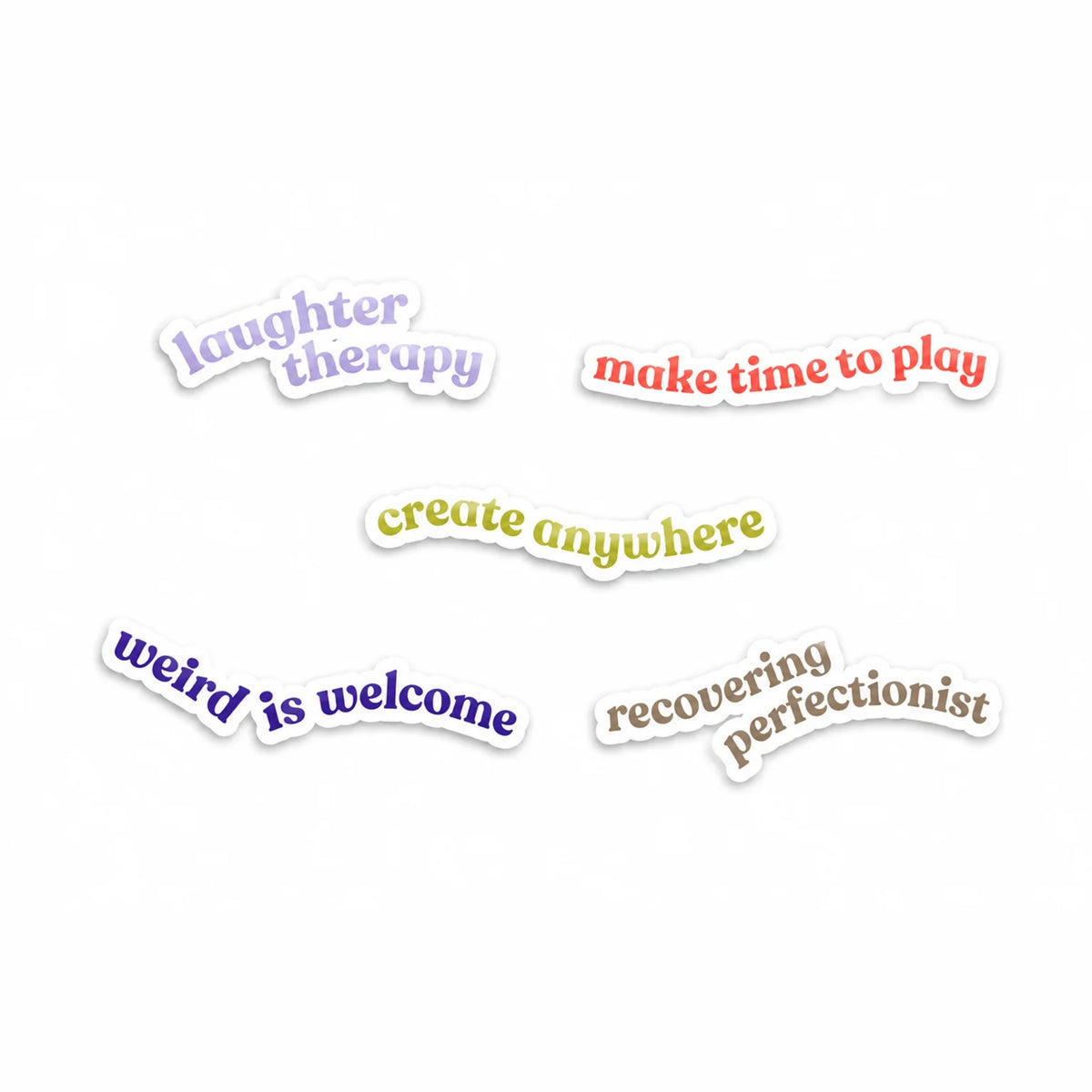 Wabi Blobi mantra stickers: Laughter Therapy, Create Anywhere, Make Time to Play, Weird Is Welcome, Recovering Perfectionist