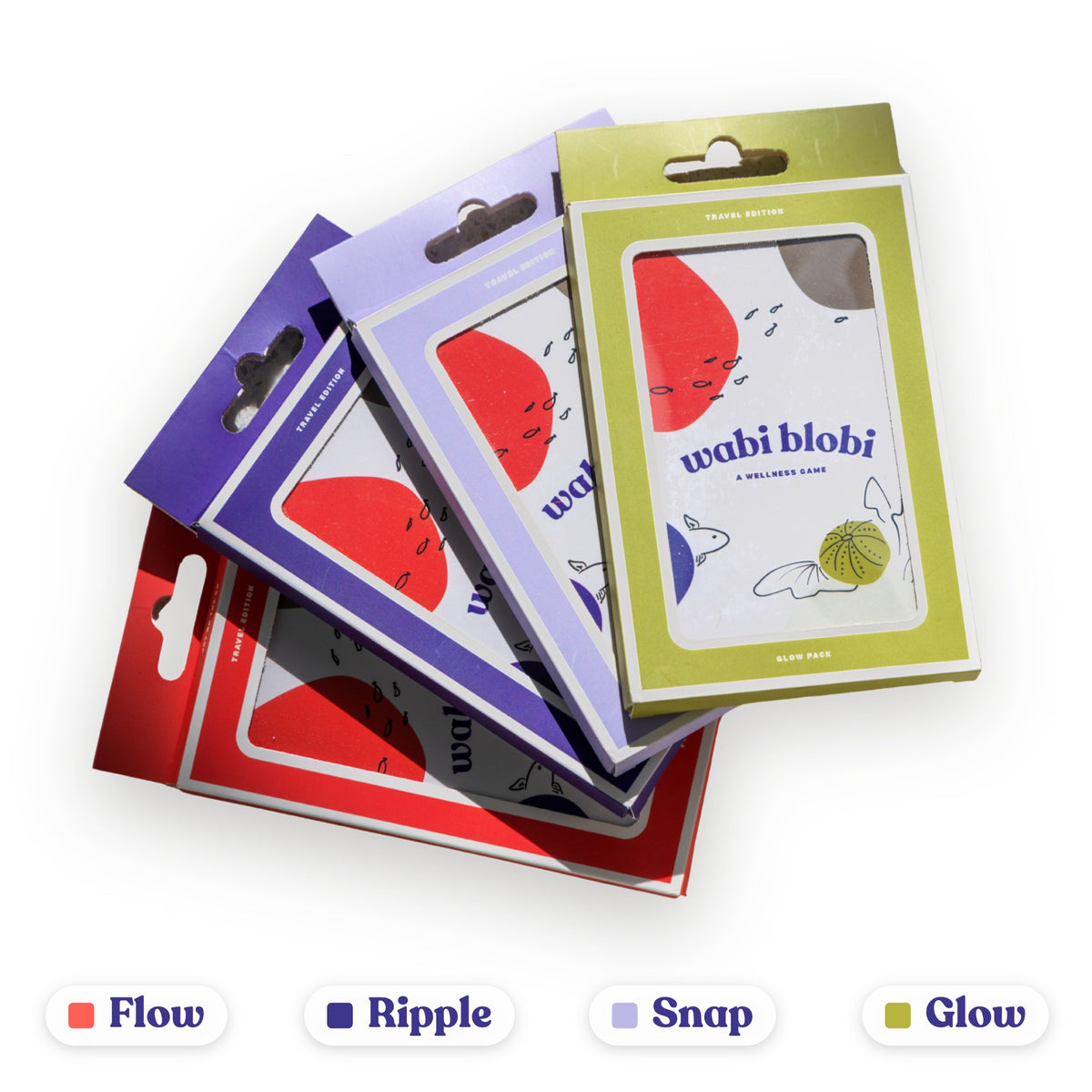 All four Wabi Blobi Travel Edition packs: Flow, Ripple, Snap and Glow