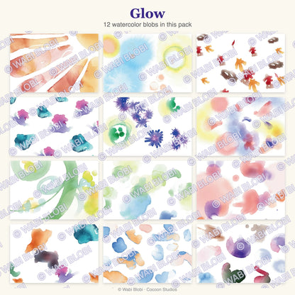 The 12 watercolor blob postcards in the Travel Edition Glow pack