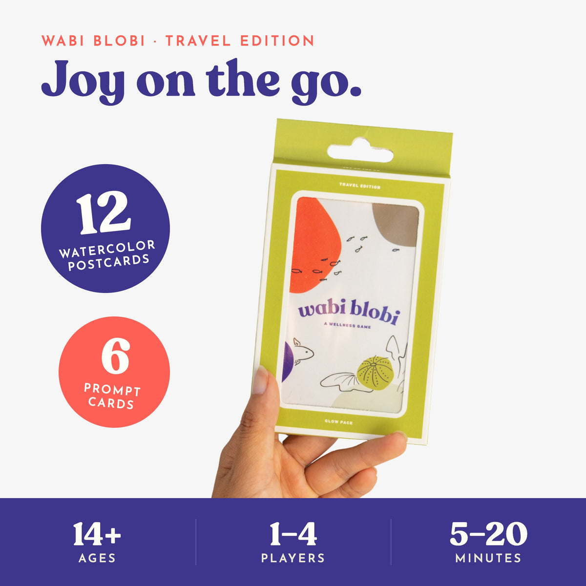 Wabi Blobi Travel Edition: 12 watercolor postcards, 6 prompt cards, ages 14+, 1-4 players, 5-20 minutes