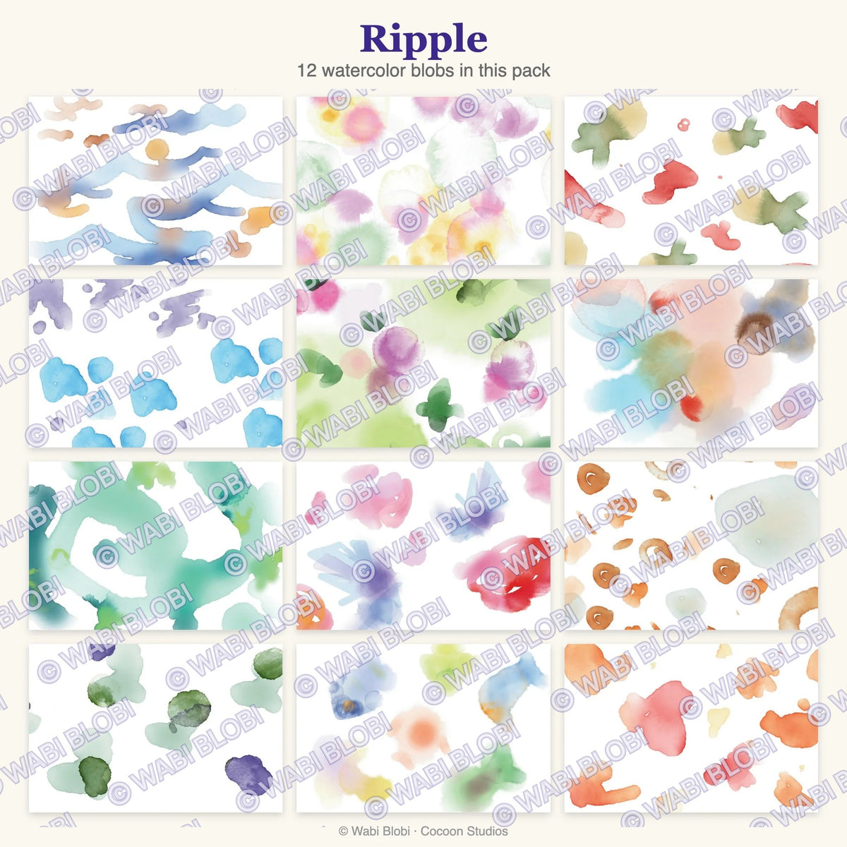The 12 watercolor blob postcards in the Travel Edition Ripple pack