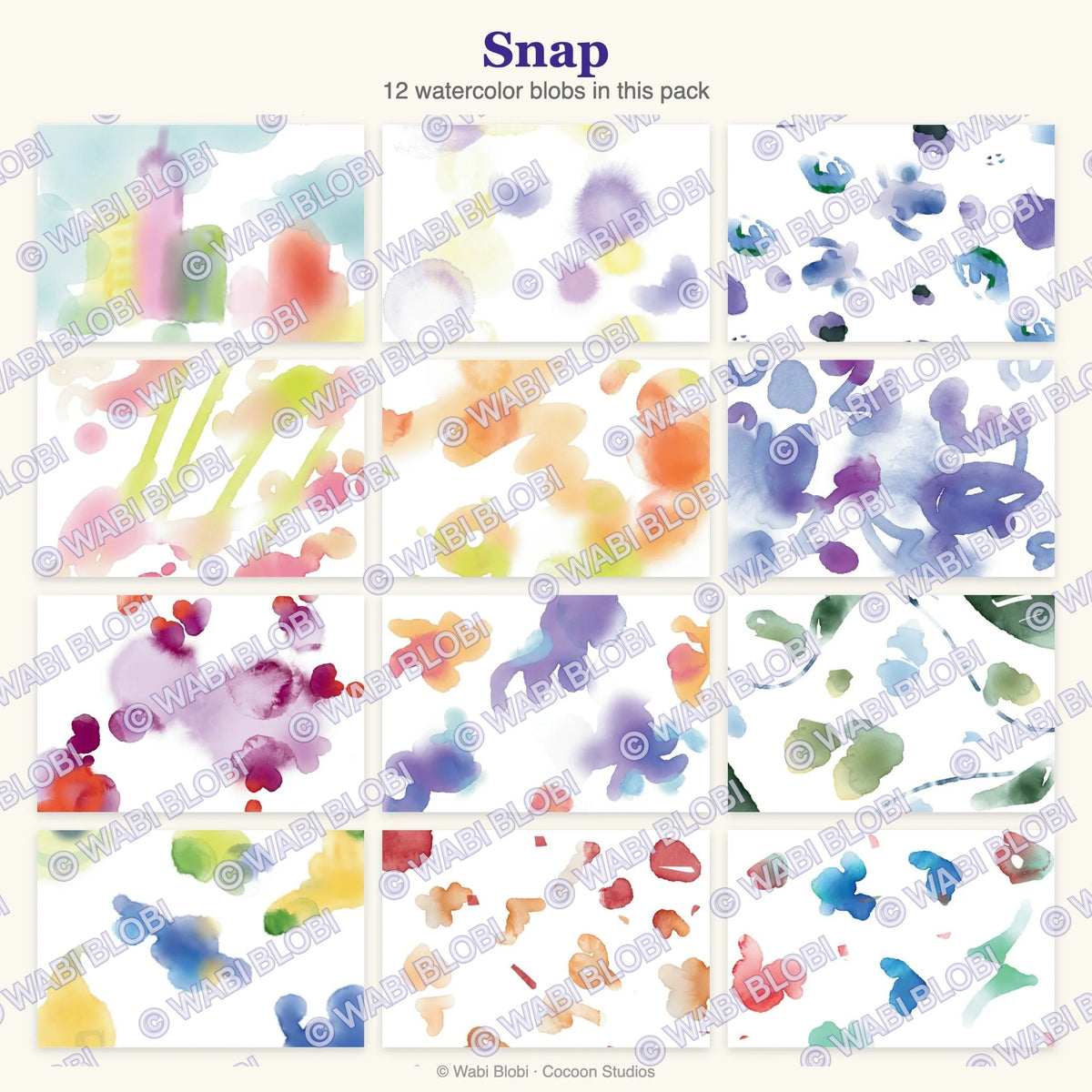The 12 watercolor blob postcards in the Travel Edition Snap pack